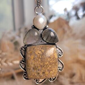Timeless Fossil Coral Pendant, Sterling Silver Necklace With Labradorite & Pearl